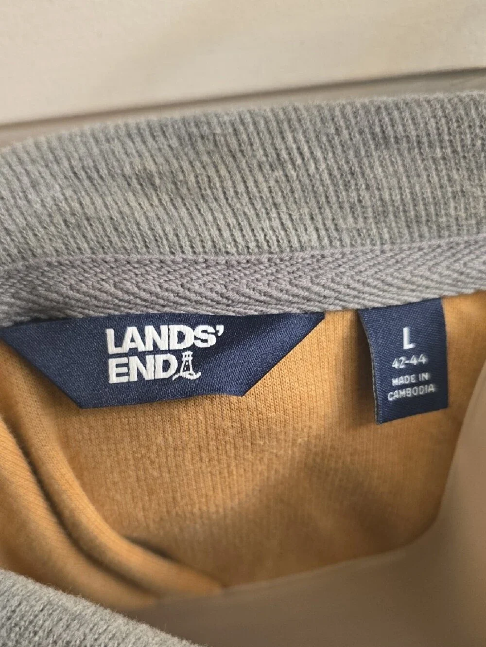 Lands' End Men's Camel Zip-Neck Sweater with Gray Inner Collar
